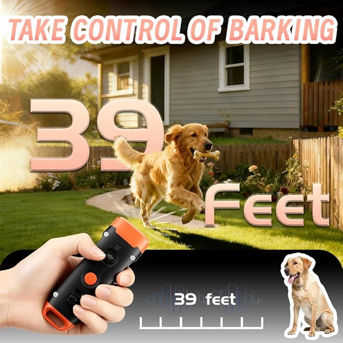 Ultrasonic Dog Bark Deterrent and Training Device with Flashing Light Dog Whistle to Stop Barking Neighbors Pet, Anti Barking Device for Dogs Up to 39 Feet, Compact and Portable