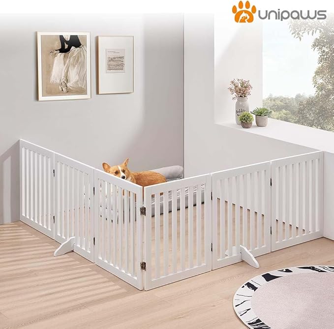 unipaws 120" Extra Wide Pet Gate, Free Standing Dog Gate for Doorways, Stairs, Foldable Puppy & Room Divider, Wooden Playpen for The House, Indoor Use (24" H, White)