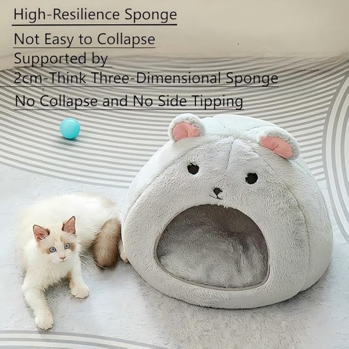 Cozy Mouse Ear Pet Cave Bed Ultra-Soft Gray Plush cave Bed, Cat Cave Beds Cat House Cat Tent with Removable Washable Cushioned Pillow, Cat Beds&Dog Beds,Perfect for Small & Medium Pets(Big)