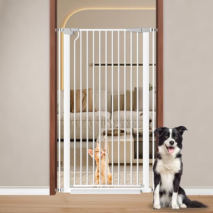 Fairy Baby 51.18" Extra Tall Cat Gate for Doorway, Adjustable 29.5"-32.6" Wide Pressure Mounted Dog Gate Indoor for Stairs, Child Safety Gate Metal Auto Close Baby Gate for Pet Kid Walk Through, White