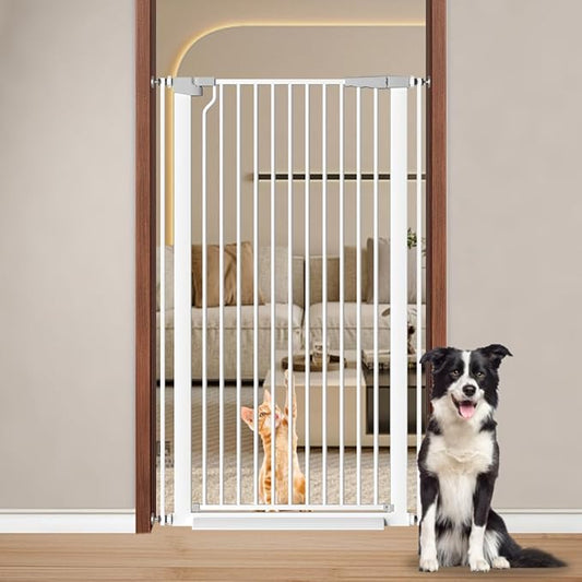 Fairy Baby 51.18" Extra Tall Cat Gate for Doorway, Adjustable 29.5"-32.6" Wide Pressure Mounted Dog Gate Indoor for Stairs, Child Safety Gate Metal Auto Close Baby Gate for Pet Kid Walk Through, White