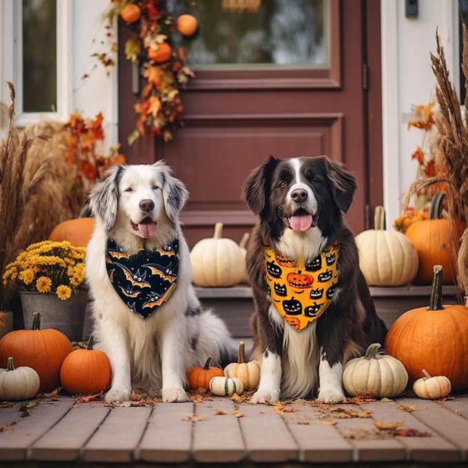 Halloween Dog Bandanas 2 Pack 4 Pattern Bat Pumpkin Pattern Bibs Reversible Washable Durable Fall Scarf for Small and Medium Breed Dogs, Suitable for Boy and Girl (Small)