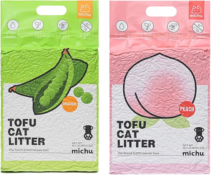 Michu Tofu Cat Litter Natural Clumping Tofu Cat Litter, Fast Clumping and Easily Scoop-able 5.5lb/88oz 5 Scents - Original + Peach, 2 Pack
