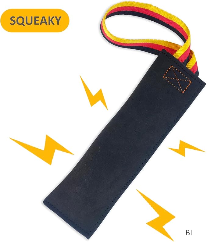 Dewonch No Stuffs Squeaky Leather Bite Tug Toy for Dog Training, K9 Puppy Stuffless Pull Toy with Handle to Build Prey Drive,Train Biting Grip,Play Tug of War Game (Squeaky Toy)