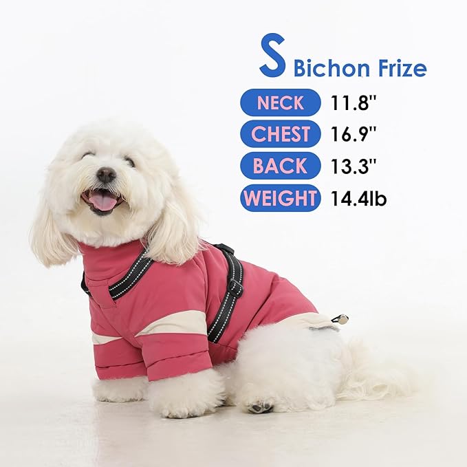Turtleneck Dog Coat with Harness Built in - S,Soft Warm Lining | Adjustable Reflective Harness Coats for Small Dogs,Water-Repellent Snowsuit,Windproof & Cold-Resistant Jacket (Pink)