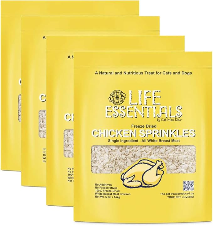 LIFE ESSENTIALS BY CAT-MAN-DOO All Natural Freeze Dried Chicken Crushed Sprinkles Powder for Dogs & Cats - No Fillers, Preservatives, or Additives - No Grain Tasty Treat -Made in USA (4 Pack)