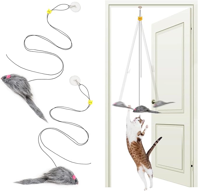 2PCS Cat Toys for Indoor Cats, Interactive Fly Chase Cat Door Toy Mouse Feather Toys for Mental Physical Stimulation, Kitten Toys Retractable Cats String Toys Teaser Play Exercise