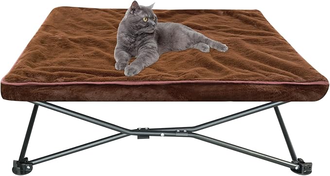 unp Camping Dog Bed Pop up - Small Collapsible Dog Cot 19 x 19 x 10 inch - Outside Dog Bed with Plush Cover & Carrying Bag for French Bulldog, Poodle... (Brown, S)