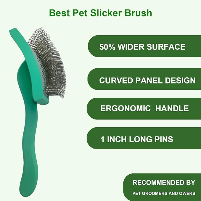 Large Slicker Dog Grooming Brush Kit - Ergonomic Wooden Handle, Long Pins for Goldendoodles, Poodles, Doodles & Haired Dogs (green)