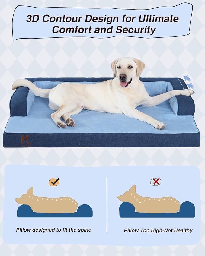 KSIIA Washable Dog Bed Large Sized Dog U-Shaped Bolster Pet Couch with Removable Waterproof Cover, Non-Slip Bottom and Egg-Crate Orthopedic Foam Pet Bed, 41 x 27 Inch, Blue