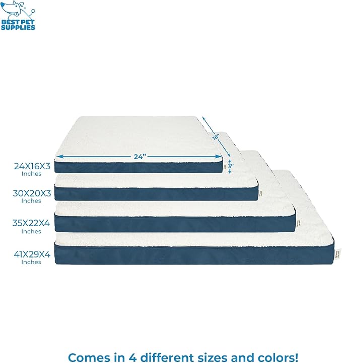 Best Pet Supplies Cute Dog Crate Mat Flat Bed with Waterproof Exterior, Thick Orthopedic Egg Foam Mattress, and Soft Sherpa Fleece Cover for Small, Medium, and Large Breeds - Blue, 41X29X4