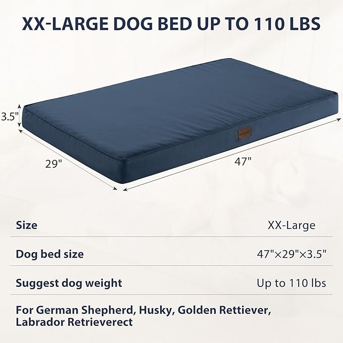BFPETHOME Outdoor Dog Beds for Large Dogs, Waterproof Dog Bed for Medium, Large, Extra Large Dogs, Orthopedic Dog Bed with Removable Washable Cover, Egg Crate Foam Pet Bed Mat. (47 x 29 in, Navy)