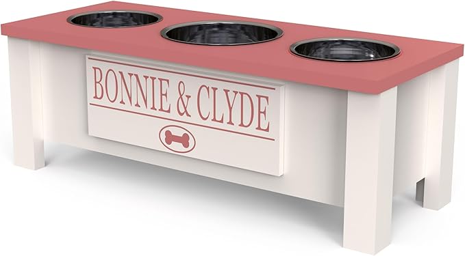 GrooveThis Woodshop - Personalized Elevated Triple Dog Bowl Stand for Large, Medium, Small, X-Small Dogs - 3 Stainless Steel Food and Water Bowls - Raised Dog Dish with Internal Storage (Medium, Pink)
