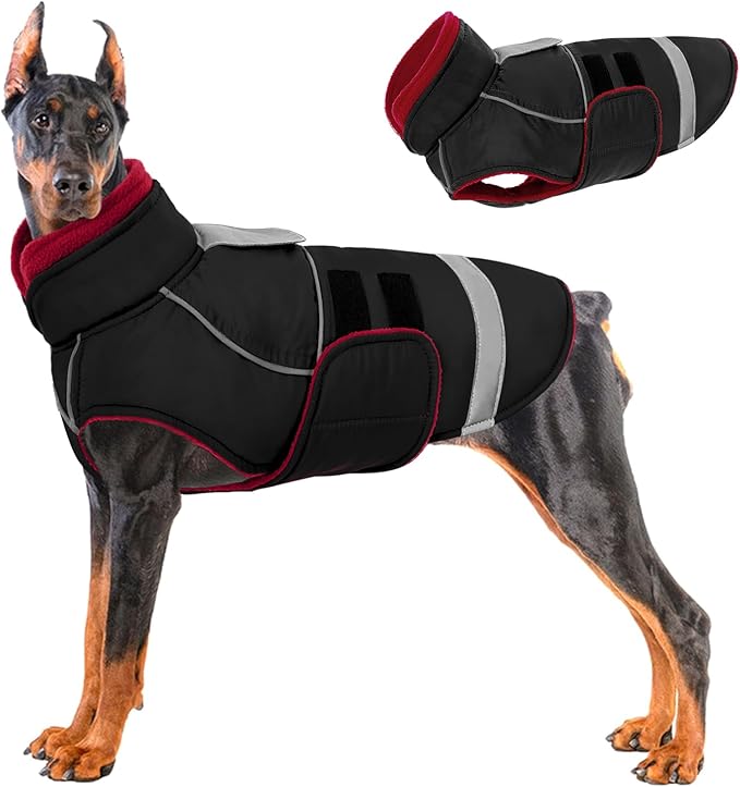 KOESON Dog Coat for Large Dogs, Warm Dog Winter Coat Cold Weather Jacket with Leash Hole & Reflective Straps, Waterproof & Windproof Pet Puffer Jacket, Adjustable Fleece Vest for Pitbull, Black L