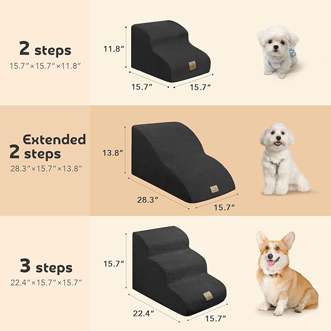 Mestuel Extended Dog Stairs for Small Dogs, Pet Stairs to Couch Sofa Bed, Pet Stairs Steps Longer Slope, Dog Ramp with High Density Foam &Washable Cover, Black