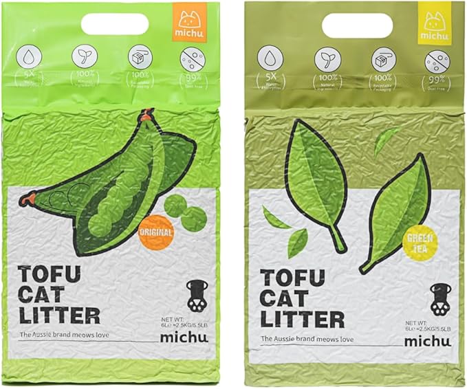 Michu Tofu Cat Litter Natural Clumping Tofu Cat Litter, Fast Clumping and Easily Scoop-able 5.5lb/88oz 5 Scents - Original + Greentea, 2 Pack