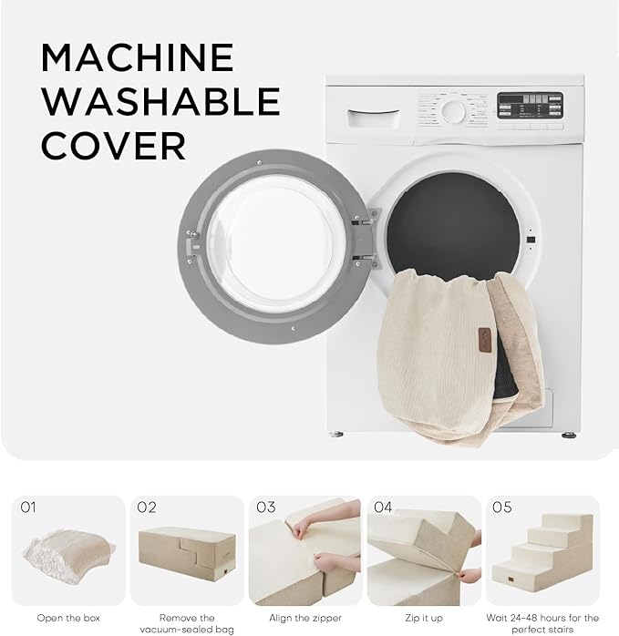 Made4Pets Dog Steps for Bed, Extra Wide Dog Stairs for High Bed Couch Sofa, 35D Foam Pet Steps for Small Dogs and Cats(Up to 40lbs), Non-Slip Bottom Pet Stairs, Beige, 4 Steps