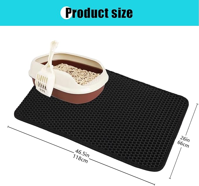 Cat Litter Mat, Kitty Litter Collector, Double Layered Honeycomb Design Waterproof, Anti Urine, Anti Slip, Easy to Clean, Limit Garbage (26"x46.5", Black)