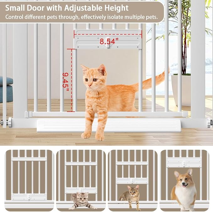 40.55" Tall 1.37" Ultra Narrow Spacing 30.12-61.61" Extra Wide Dogs Pets Baby Gate with Door for Doorway Cat Safety Proof Indoor Puppy Pressure Mounted No Drill White Black Metal Hallway