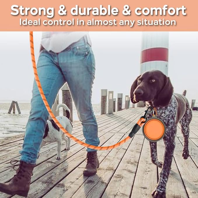 COOYOO 2 Pack Dog Leash 4 FT Heavy Duty - Comfortable Padded Handle - Reflective Dog Leash for Medium Large Dogs with Collapsible Pet Bowl Set 7-Black+Orange