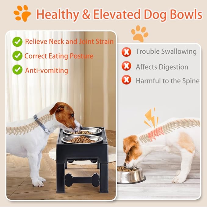 Marchul Elevated Dog Bowls, 4 Height Adjustable Raised Dog Bowls with 2 Stainless Steel Bowls,Non-Slip Dog Food and Water Bowl with Stand Adjusts to 3.5”,9.05”,10.6”,12.2” for Small Medium Large Dogs