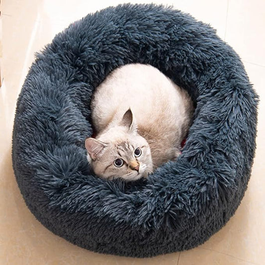 Cat Beds for Indoor Cats - Small Dog Bed Washable 24 inches, Anti Anxiety Round Fluffy Plush Faux Fur Pet Bed, Thick Bottom (Dark Grey, Large 24" L x 24" W)