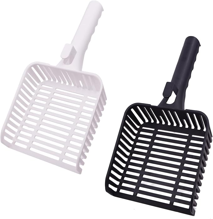 YXQ 2Pcs Litter Scoop for Cats Plastic Durable Deep Shovel Small Holes and Long Handle for Sifting Kitty Litter (White+Black)
