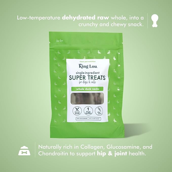 King Lou Pets - Whole Duck Necks for Dogs and Cats - Single Ingredient Dog Treat - Dehydrated Cat Treats - USA-Made Dog and Cat Treats - Supports Hip and Joint Health - 5 Count