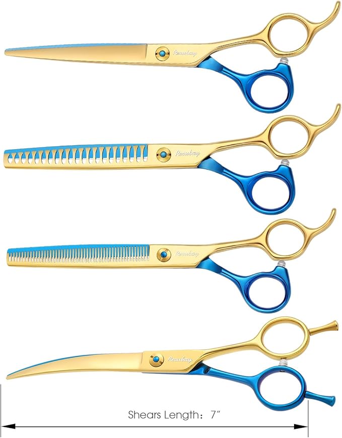 Dog Cat Scissors for Grooming, Pet Shears for Thick Coats and Matted Hair, Thinner Curved Straight Chunker Stainless Steel Shears Blue