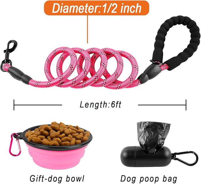 BARKBAY Dog Leashes for Large Dogs Heavy Duty Dog Leash 4/5/6 FT with Comfortable Padded Handle and Highly Reflective Threads for Medium Large Dogs Walking Training Running (6FT-1/2'',Pink)
