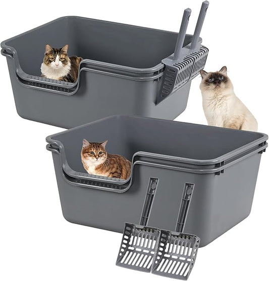 4 Packs Plastic High Wall Cat Litter Box with Scoop, Open Top Cat Litter Basin, Gray