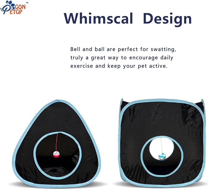 Cat Tunnels for Indoor Cats with Cube Tent Toys Combo, Pop Up Collapsible Crinkle Interactive Peek Hole, Cat Tube with Play Ball and Bell for Kitten, Puppy, Kitty, Rabbit - Set of 3
