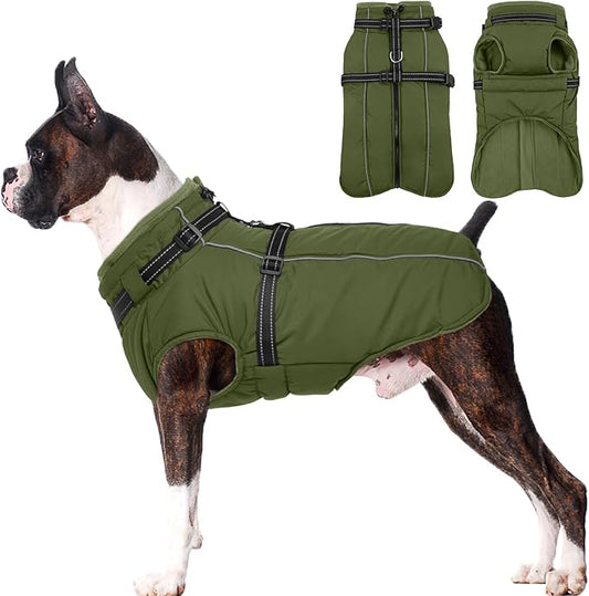 Lelepet Dog Coat for Large Dogs Waterproof Dog Jacket with Harness Built in Reflective Fleece Jacket with Zip Warm Winter Coats for Dogs Thermal Pet Snowsuit for Outdoor, Border Collie, Army Green, XL