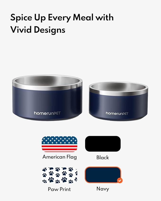 HomeRunPet Dog Bowls, Durable Dishwasher Safe Double Wall Metal Insulated Stainless Steel Food Water Bowls with Non-Slip Rubber Base, Ideal for Small Medium and Large Dogs (32oz, Navy)