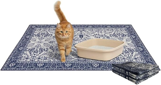 Lovewag Washable Cat Litter Trapper Mat 2 PCs - Keep Litter Off Your Floors, Gentle on Paws, 36x48 Inches Large Size, Waterproof Non-Slip Reusable Compatible with Cat Box (Indigo Garden)