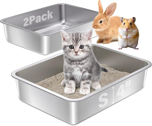 Stainless Steel Litter Box 2Pack,15.7"×11.8"×4" Small Cat Litter Box,Metal Litterbox for Kitten,Bunny,Guinea Pigs,Non Stick, No Smell, Easy to Clean