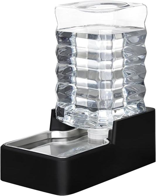 RIZZARI Stainless Steel Pet Water Feeder: 8.5L Black Automatic Leak-Proof Gravity Dispenser for 30-60 LB Dogs with Arthritis - Without Filter - Ideal for Garage Living Room