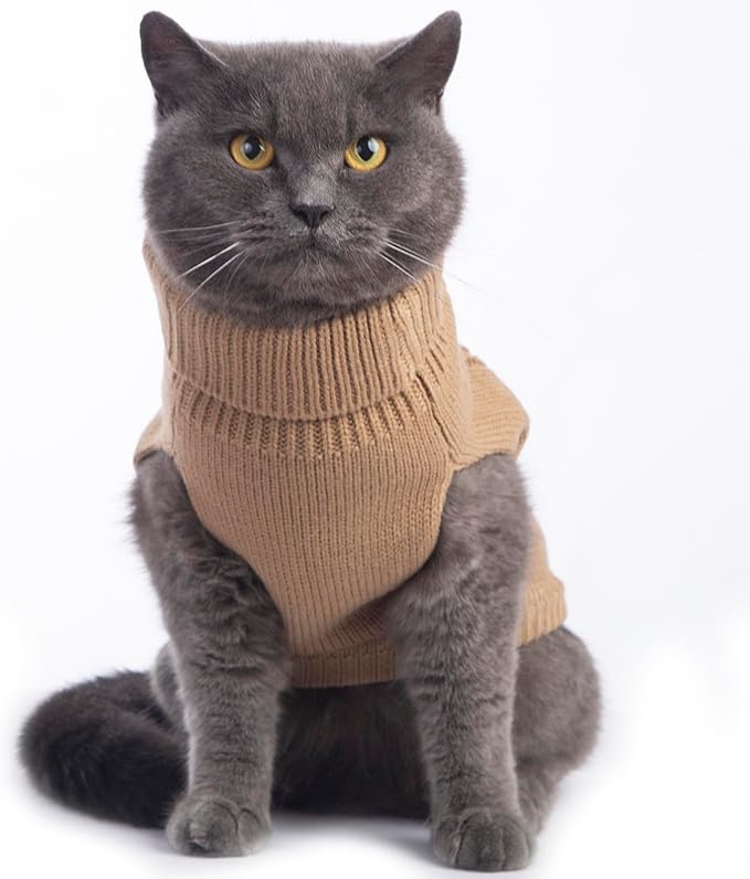 Cat Sweater Keep Your Pets Cozy, 16 Color Turtleneck Knitted Sleeveless Cat Clothes, Winter Outfits for Cats & Small Dogs During Cold Seasons (Khaki, Small)