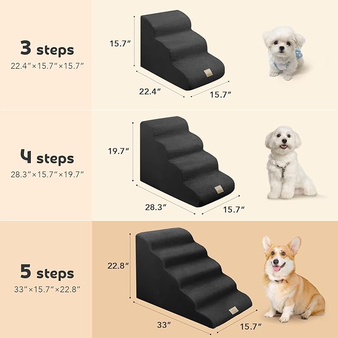 Mestuel Dog Stairs for High Bed, 22.8in Large Foam Pet Stairs to High Bed, 5 Steps Dog Stairs Ramp Indoor with Non-Slip Bottom, Pet Stairs for Large Small Medium Dogs, Black