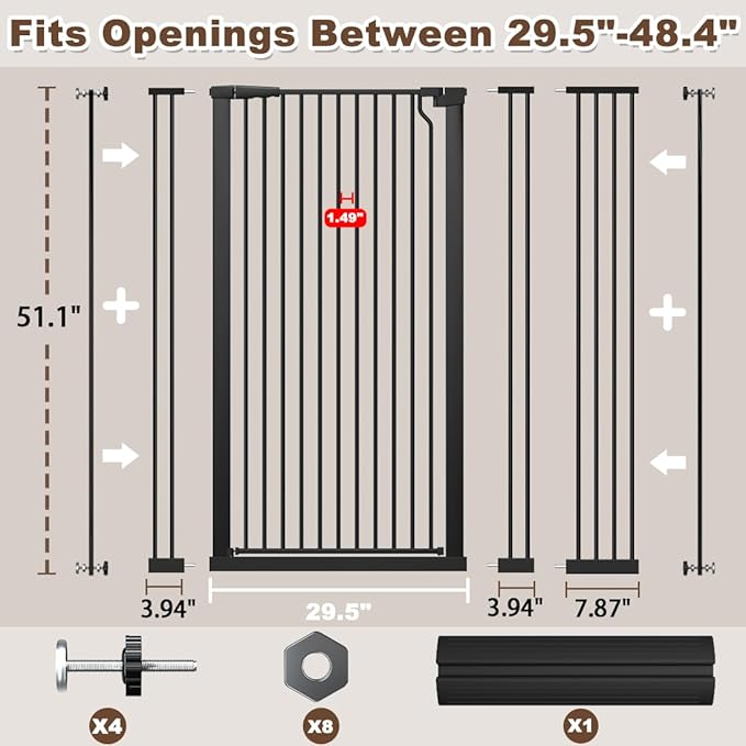 Fairy Baby 51.18" Extra Tall Pet Gate for Cats, 29.5"-48.4" Extra Wide High Cat Dog Gates for Doorways, Tall Baby Safety Gate Pressure Mounted No Drill, Walk Thru Auto Close Metal Doggy Gate, Black
