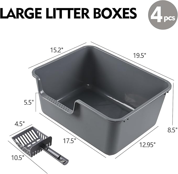 4-Pack Plastic High Wall Cat Litter Box with Scoop, Anti-Splashing Kitty Litter Pan, Grey