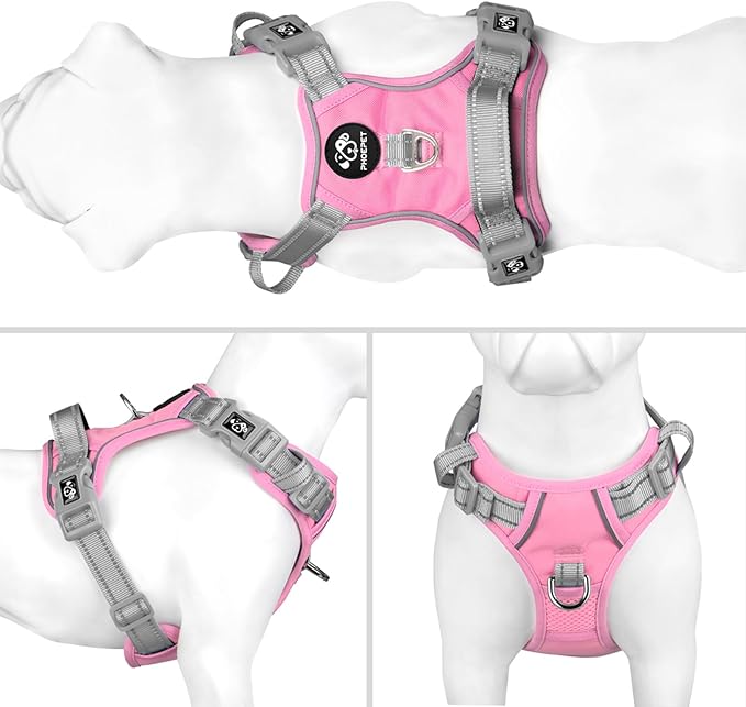 PHOEPET No Pull Dog Harness, Unique Colors Reflective Adjustable Dog Vest, with Soft Training Handle Metal Clips for Small Medium Large Dogs (Baby Pink Base & Grey Straps,S)