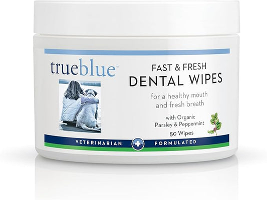 TrueBlue Parsley & Peppermint Fast and Fresh Dog Dental Wipes – Pre-Moistened Teeth Cleaning Pads - Non-Toxic, All-Natural Tooth Cleansing– 50 Count