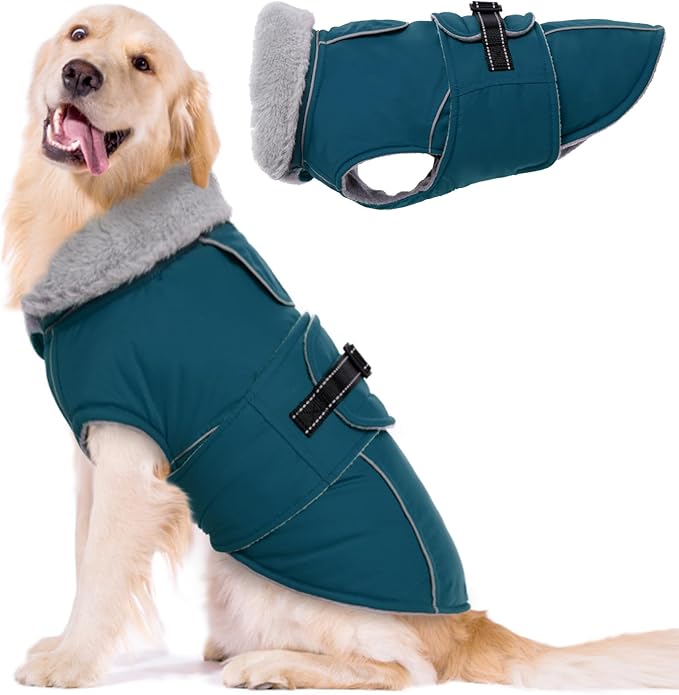 Lelepet Warm Dog Coat Reflective Fleece Vest Waterproof Dog Jacket with Adjustable Buckle Hook & Loop Windproof Cold Weather Coats for Small Medium Large Dogs, Dark Green, XXL
