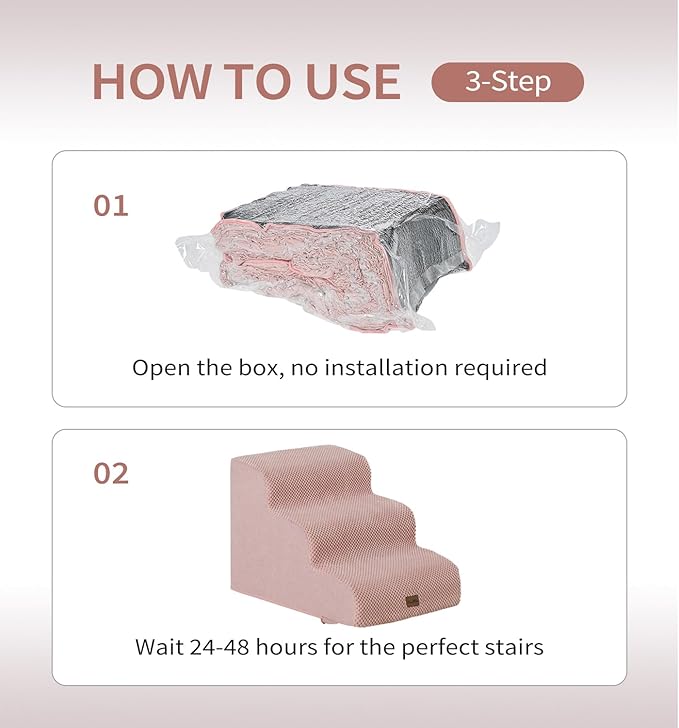 Made4Pets Dog Stairs Ramp for Small Dogs, 3-Step Dog Steps for Bed Couch Sofa and Chair, 35D Foam Pet Steps for Small Dogs and Cats, Non-Slip Bottom Pet Stairs, Pink