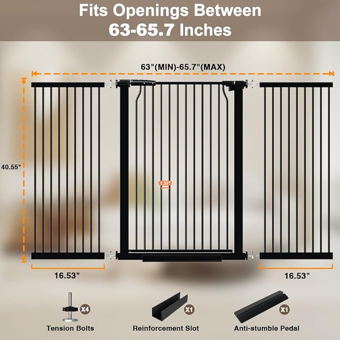 40.55" Extra Tall Dog Gate for Doorways Stairs, 63-65.7 in Extra Wide Baby Gate Walk Thru, Pressure Mounted Tall Pet Gates No Drill, Large Doggie Gates with Door, Auto Close Indoor, Black
