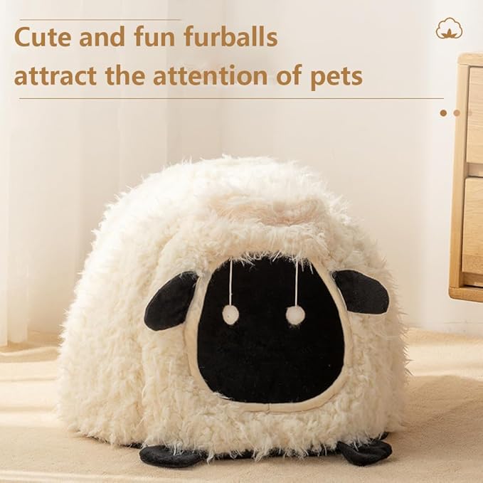 Cute Cat Bed Cave for Indoor Sheep Shaped Pet Plush House Self-Warming Nest Small Dogs Rabbits with Removable Cushion for Puppy Bed with Hanging Toy