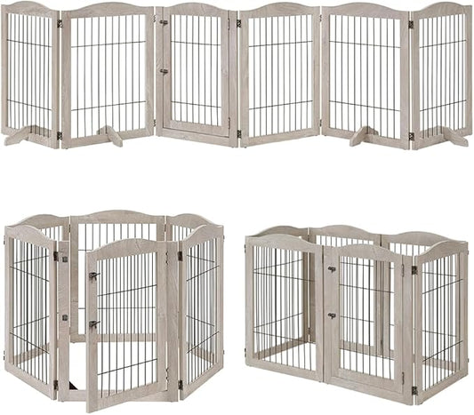 unipaws 132" Extra Wide Dog Gate and Pet Playpen, Free Standing Tall Fence with Walk Through Door, Barriers for Home, Use as Indoor Dogs Cats Pen, Rabbit Pen, Weathered Grey