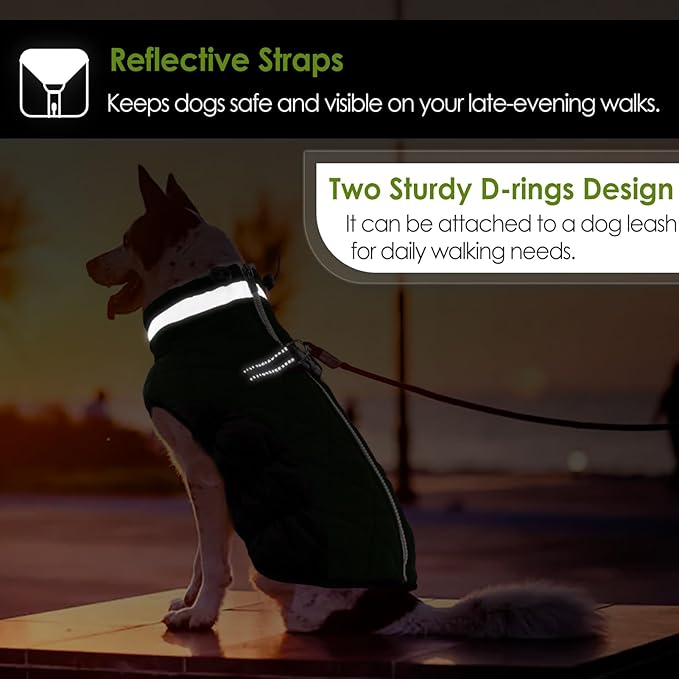 AOFITEE Dog Coat, Warm Dog Winter Coat for Large Dogs, Reflective Turtleneck Dogs Jacket with Harness Built in, Waterproof Windproof Pet Puffer Jacket Fleece Vest for Cold Weather, Green XXXL