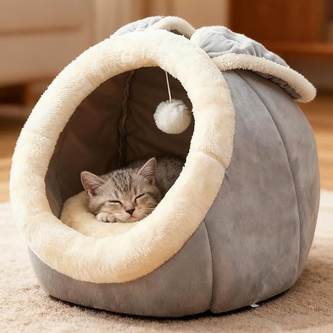 Cat Beds for Indoor Cats - Rabbit-Shaped Cat Cave Bed with Hanging Toy,Super Soft Calming Pet Bed for Kitten,Small Dog,Warm Plush&Machine Washable&Removable Cotton Pad,cat Hideaway